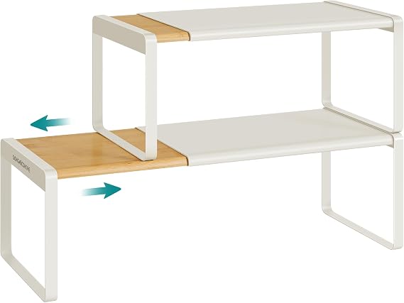 SONGMICS HOME Spice Rack, Expandable Cupboard Shelf Orgnizer,Bamboo | Kitchen Counter Shelves, Bamboo and Metal, Stackable, Natural Beige and Cream White, BYSTRO Collection UKCS051N01