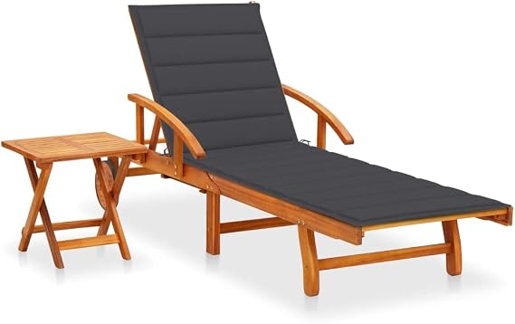 Solid Acacia Wood Outdoor Chaise Lounge Chair with Foldable Table & Anthracite Cushion Adjustable Backrest Reclining Sun Lounger for Patio Poolside Deck Garden Furniture