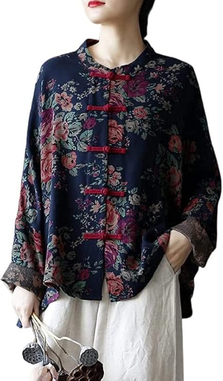 Shanghai Story Women's Cotton Linen Shirts Long Sleeve Mandarin Collar Chinese Frog Button Down Tops Loose Blouse