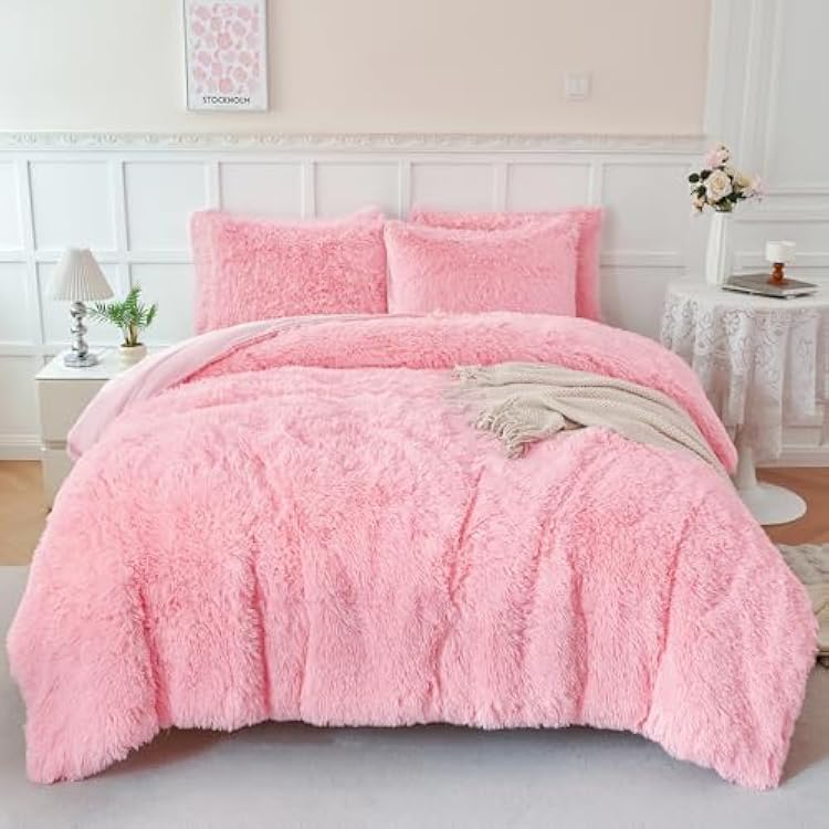 WINLIFE Fluffy Comforter Set Twin Size Pink 3Pcs Shaggy Faux Fur Comforter Sets Luxury Soft Long Hair Plush Fuzzy Bedding for Girls All Season Bed Set 1 Comforter & 2 Pillowcases