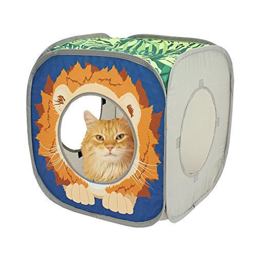 Kitty City Safari Jungle Pop-Up Cat Cube, Collapsible Indoor Cat Hideout & Play Cube with Peekaboo Openings, Easy Storage, 15 x 15 x 15