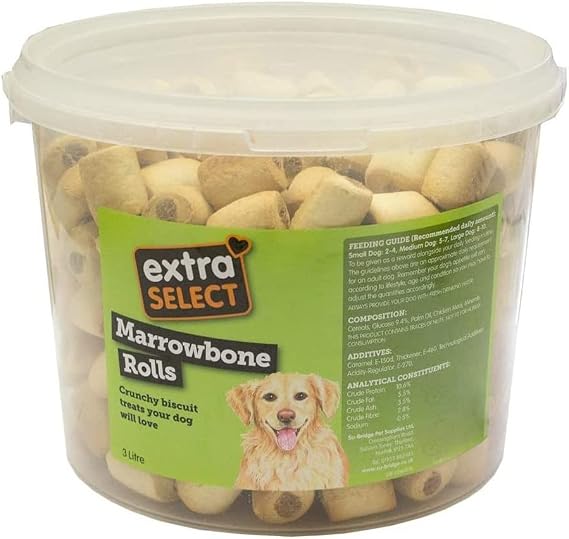 Extra Select Marrowbone Rolls Crunchy Dog Biscuits & Snacks - Marrowbone Puppy Treats & Bedtime Biscuits for Dogs - 3 Litre Resealable Tub