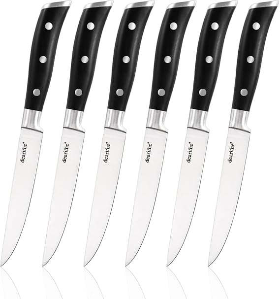 Steak Knives Set of 6, Fine-Edge, Black, 5.0 Inches | Full-Tang And Triple Rivet Stainless Steel Sharp Blade Flatware Steak Knife Set,For Tableware Kitchen, Dishwasher Safe