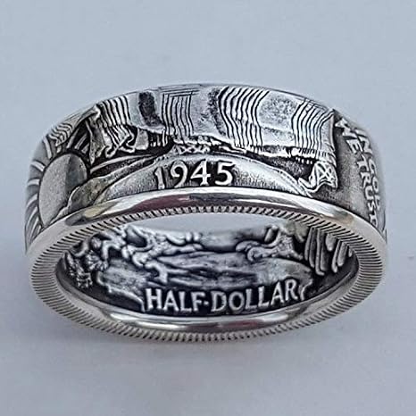 Silver Morgan Dollar Coin Ring 1945 Morgan Dollar Ring - Morgan Silver Dollar Coin Design Ring - Coin Ring Men National Emblem Engraved Signet Rings for Men Women One Dollar Coin Rings Size 13