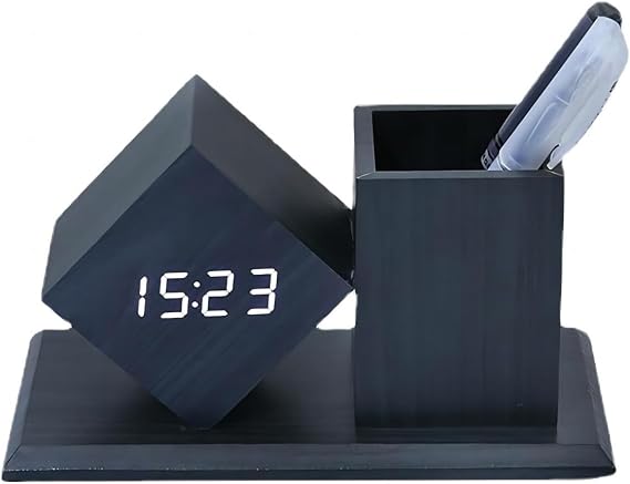 Multifunctional LED Desk Clock with LCD Temperature Calendar 3 Level Brightness Adjustment Sound Activated Pencil Pen Holder Desk Organizers for Home Office