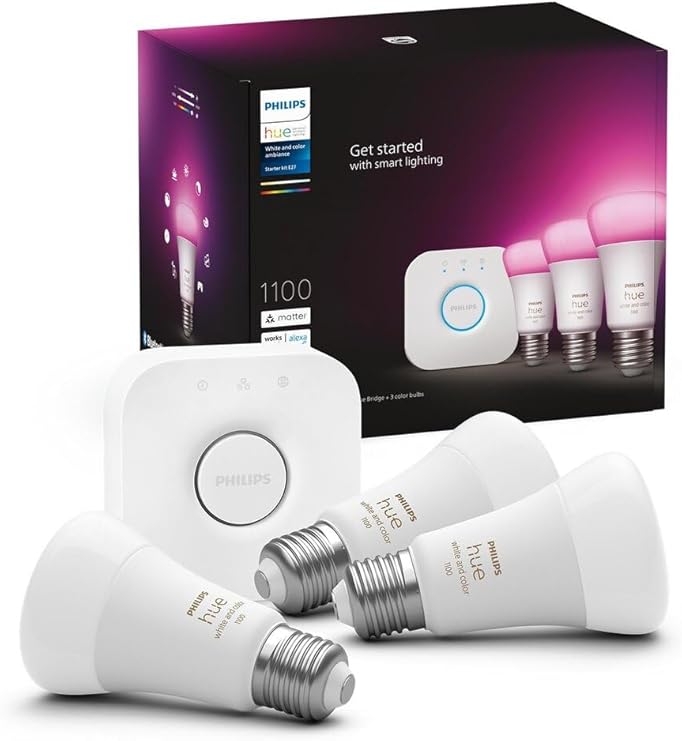 Philips Hue WCA 9W E27 Renkli Akıllı Ampul 3'lü Başlangıç Seti, Hue Bridge Dahildir - 25.000 Saat Ampul Kullanım Ömrü [Enerji Sınıfı F]