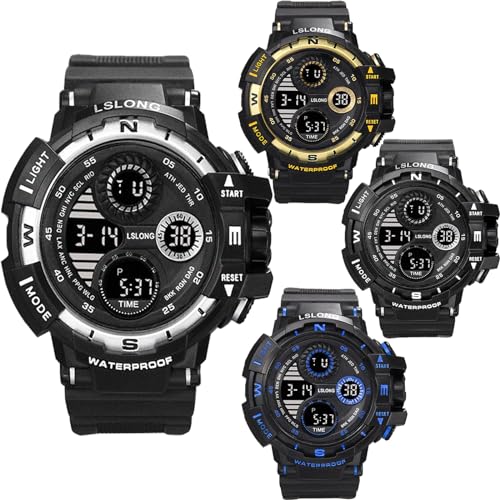 4 Pack Mens Military LED Watch Outdoor Sports Electronic Watch Tactical Army Wristwatch Stopwatch Waterproof Digital Analog Watches Blue