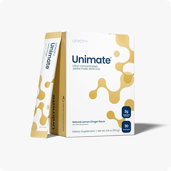 Unicity Unimate Lemon Ginger Yerba Mate Drink Mix Stick Packs | Natural Energy & Focus | Healthy Coffee Alternative | Supports Appetite Control & Mental Clarity | 30 Stick Packs (30-Day Supply)