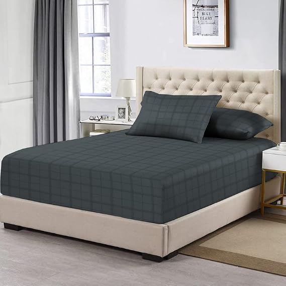 Pizuna 100% Cotton King Fitted Sheet 300 Thread Count Check Anthracite Grey | Luxury Long Staple Combed Cotton Sateen Weave Breathable 15" Deep Pocket 1 Piece King Fitted Sheet Only