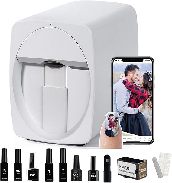 Nail Printer Machine Kit-3d Nail Art Digital Mobile Printer for Salon&Home | WiFi/DIY Design | 30s Fast Print&Cure | Includes Pg4 Gel,Fm10 Ink, Base/Cleaning Glue(Bonus Pg0&White Gel) White