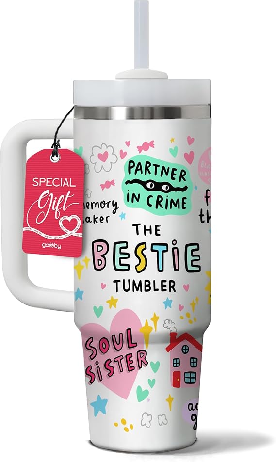 Gossby Bestie Gift for Women - 30oz THE BESTIE TUMBLER - Friend Tumbler for Women - Christmas, Birthday, Friendship Gifts - Funny Best Friend Gift - Stainless Steel Insulated Travel Mug with Handle