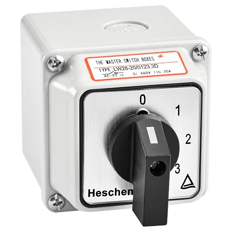 Heschen Universal Rotary Cam Selector Changeover Switch, LW28-20/0123.3D, 660V 20A, 4 Position, 3 Phase, 12 Terminals, CE, with Master Switch Exterior Box LW28-20/4