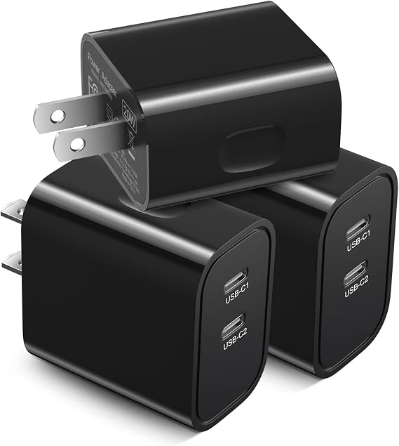 USB C Wall Charger [3 Pack], Costyle 20W Dual Double USB C Charger Block Fast C Wall Plug Type C Charging Block for iPhone 11 12 13 14 15 16 17 Pro Max Plus XS iPad Air,Watch Series 8 7,Galaxy(Black)