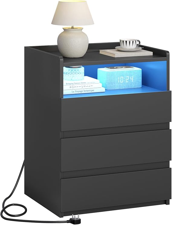 AOGLLATI Bedside Cabinet with LED Lights Bedside Table with Charging Station|3 Drawers and 1 Compartment |2 AC and 2 USB Ports Side Table for Living Room and Bedroom,Black (1, Black)