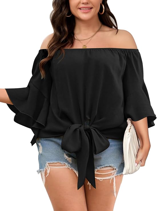SHESTARR Womens Plus Size Off The Shoulder Blouse Tops