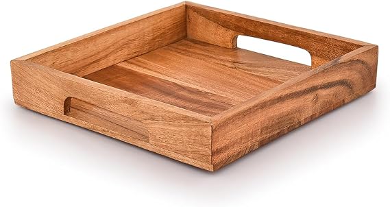 Samhita Acacia Wooden Tray with Handles, Great for Breakfast, Coffee | Size- 25.5cm x 25.5cm x 4cm