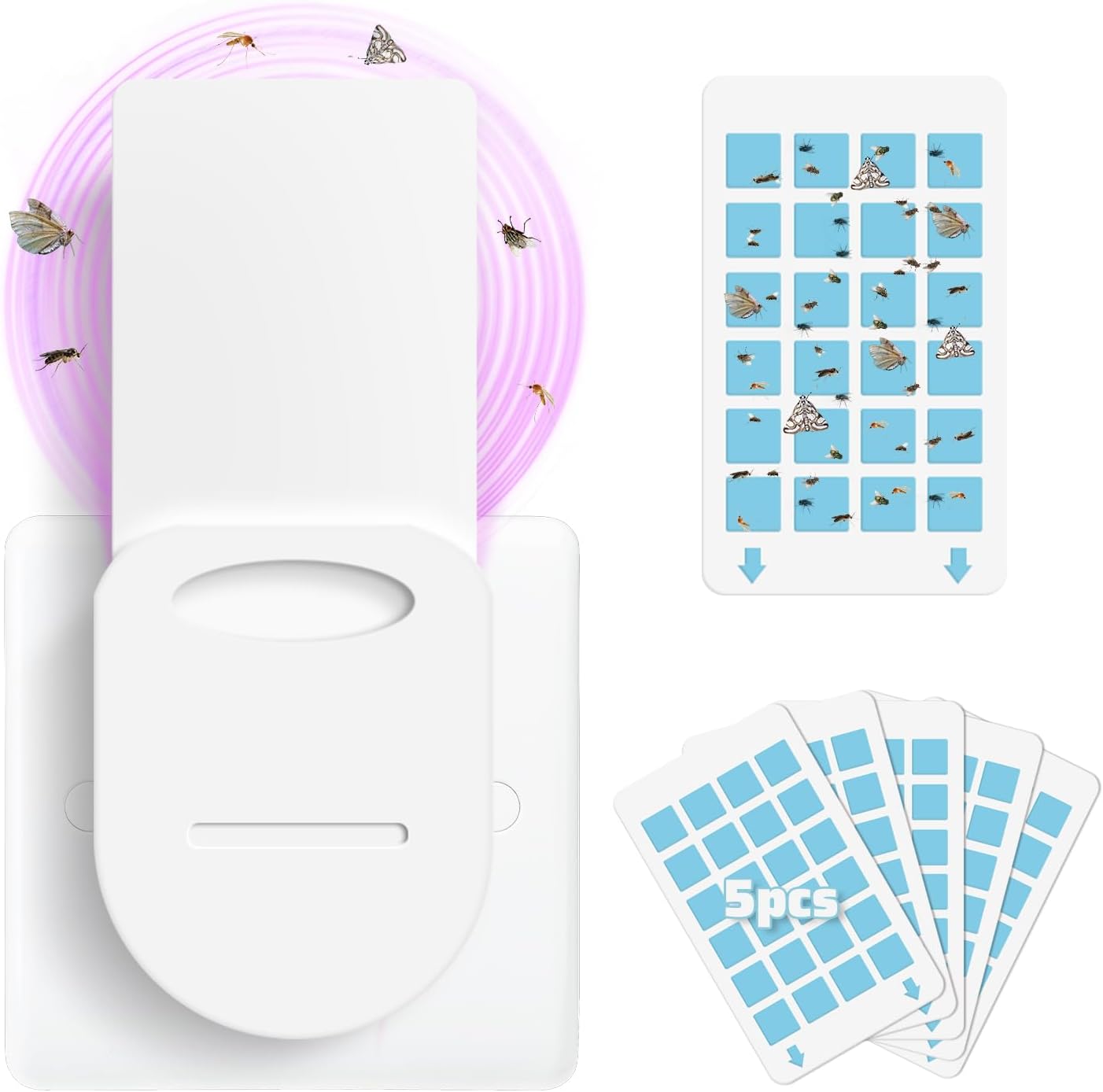 Fruit Fly Trap for Indoor Use, Flying Insect Catcher with 5 Sticky Refills, Plug-in 2-in-1 Mosquito Trap with Night Light, Fly Sticky Traps for Home Office Indoor