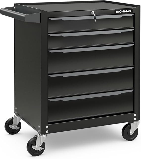 Goplus 5-Drawer Rolling Tool Chest, Steel Tool Storage Cabinet with Handle, Hanging Holes, Central Keyed Locking System, Universal Lockable Wheels, Tool Organizer Box for Garage Workshop