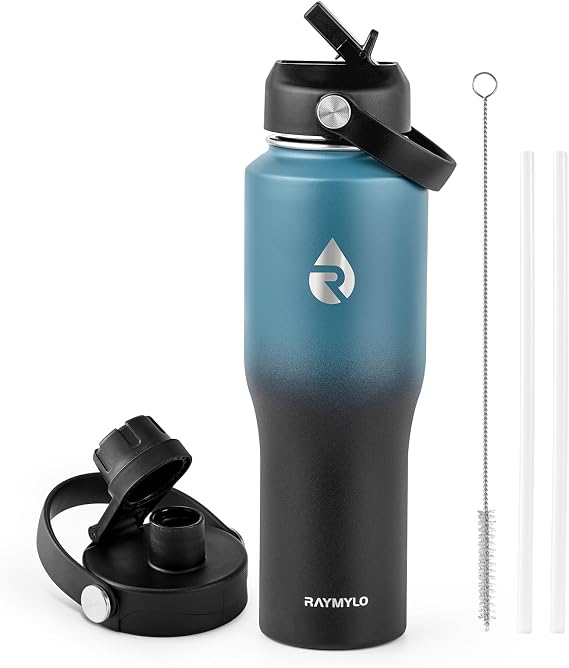 RAYMYLO 32 oz Insulated Water Bottle with Straw, Fit in Car Cup Holder