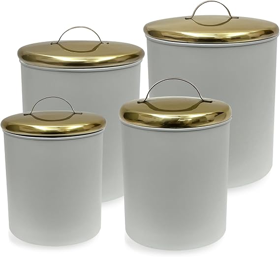 nu steel Set Of 4 Food storage Container Kitchen Canister White with gold finish lid.