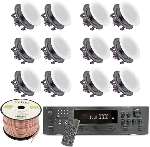 Vaiyer Home Theater System Kit, 6-Channel 6000 Watts Bluetooth Amplifier | with 5.25" 12 Qty of 175 W Each in-Wall in-Ceiling Frameless Speakers, 16 Gauge 500 ft Speaker Wire Surround Sound System
