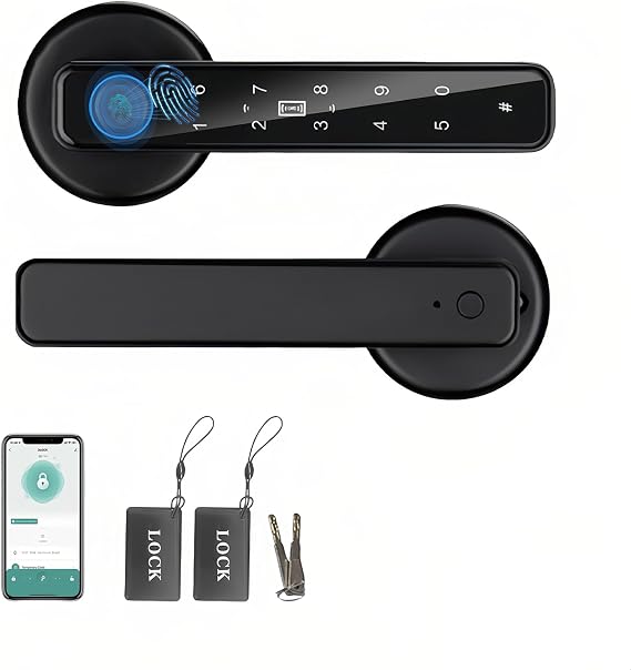Smart Lock Door Handle, 5 in 1 Fingerprint Digital Electronic Lock | Keyless Passcode, Automatic Finger Print Handle with APP IC Card Keys, Bedroom Home Office Apartment Hotel Security Use