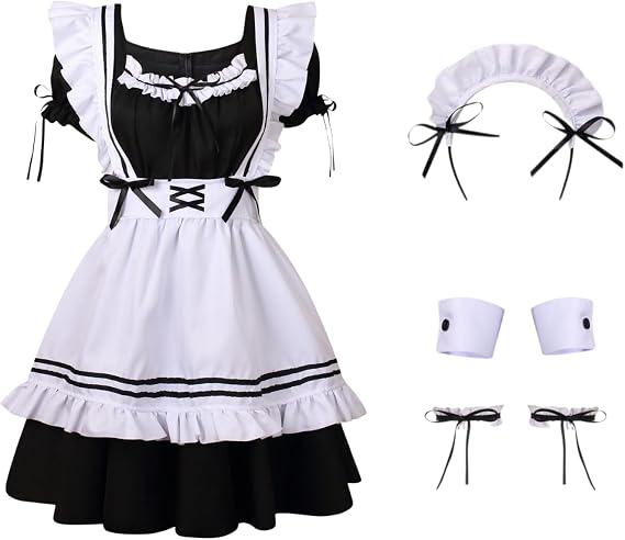 French Maid Outfit Lolita Dress for Women, Anime Cosplay Outfit Set for Halloween Party Theme Cafe