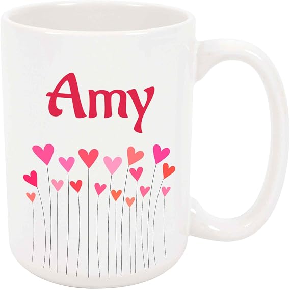 Amy Coffee Mug - Personalized Hearts Ceramic Cup with Name, 11 oz | White Ceramic, Two Sided Print, Dishwasher and Microwave Safe, Birthday Christmas Gift for Her or Him, Easy Grip Handle