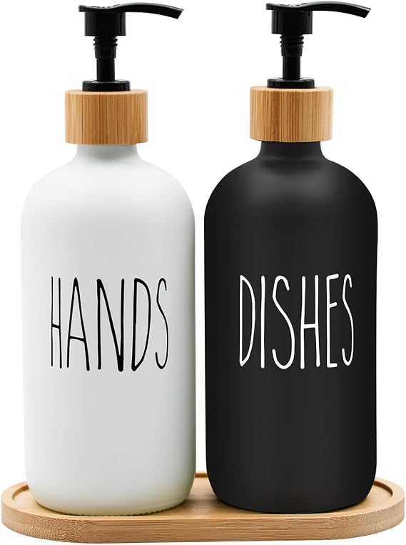 Bamboo Tray Dish Soap Dispenser - Glass Matte Hand & Dish Soap Set for Kitchen Decor - White & Black