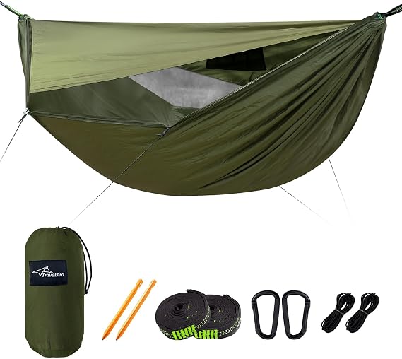 Hammock with Mosquito Net and Sun Protection Outdoor Double Hammock with Ridgeline 290 x 140 cm for 2 People Ultralight Hammock for Camping Hiking and Travel
