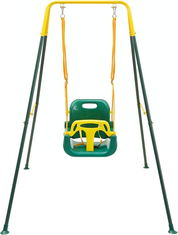 FUNLIO 3-in-1 Toddler Swing Set with 4 Sandbags, Indoor/Outdoor Baby Swing with Foldable Metal Stand, Kids Swing Set for Backyard, Clear Instructions, Easy to Assemble & Store,Green