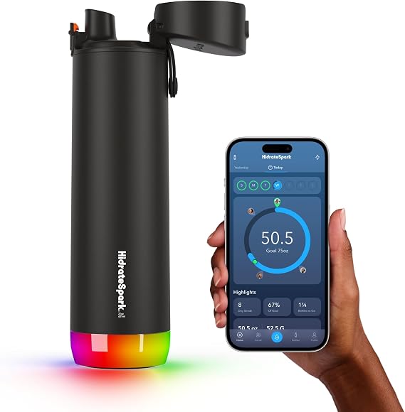 Hidrate Spark PRO Smart Water Bottle - Tracks Water Intake & Glows to Remind You to Stay Hydrated, Chug & Straw lid, 21oz (Black)
