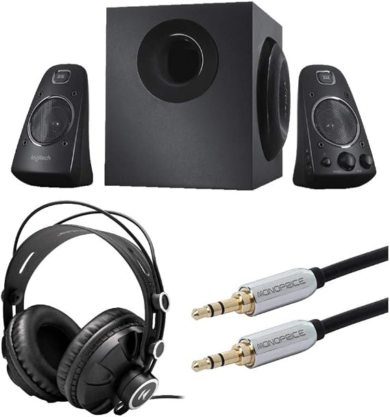 Logitech Z623 400 Watt Home Speaker System Bundle with Closed Back Studio Monitor Headphones and Audio Cable 3 Items