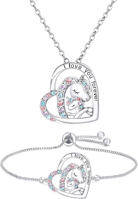 M&Ostyle I Love You Forever Unicorn Jewelry Set for Girls Necklace and bracelet Crystal Heart Pendant Necklaces Gifts For Girls Daughter Granddaughter Niece Birthday Christmas