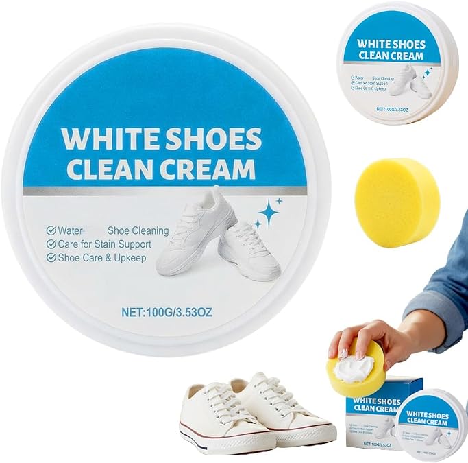 White Shoe Cleaner Cream, No-Wash Multipurpose Cleaning Paste with Sponge, Dirt & Stains Remover for Sneakers