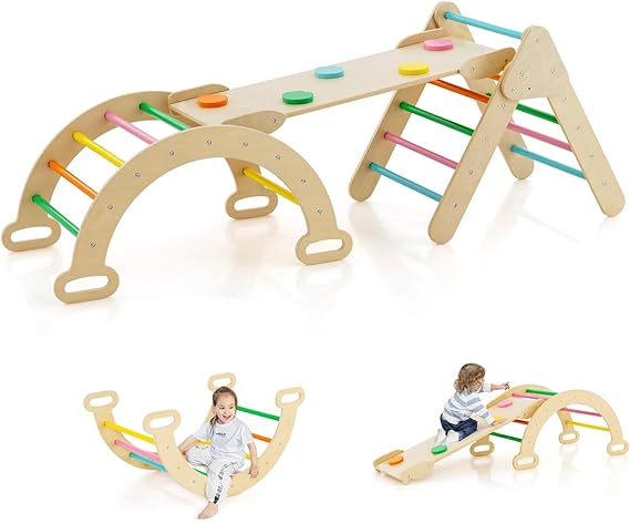 Costzon Climbing Toys for Toddlers, Foldable Montessori Wooden Arch Climber Ladder with Sliding Ramp, Multi-Combination Methods, Rainbow Kids Triangle Climber Play Gym Set for Boys Girls Gift Present