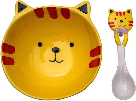 2 Pack Ceramic Dessert Bowl 11.8oz., Creative Handmade Small Bowl with Spoon for Appetizer, Snacks, Salads, Yogurt, Side Dishes, Cat