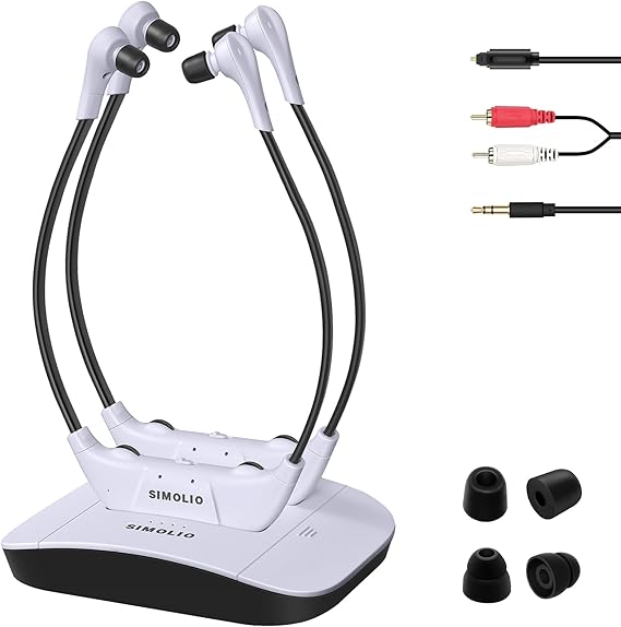 SIMOLIO Dual Wireless Headphones for TV Watching with Spare Battery for Seniors and The Elderly, Tone and Balance Control, Ambient Sound Listener, 164 ft Work Range, No Audio Delay, SM-824D2