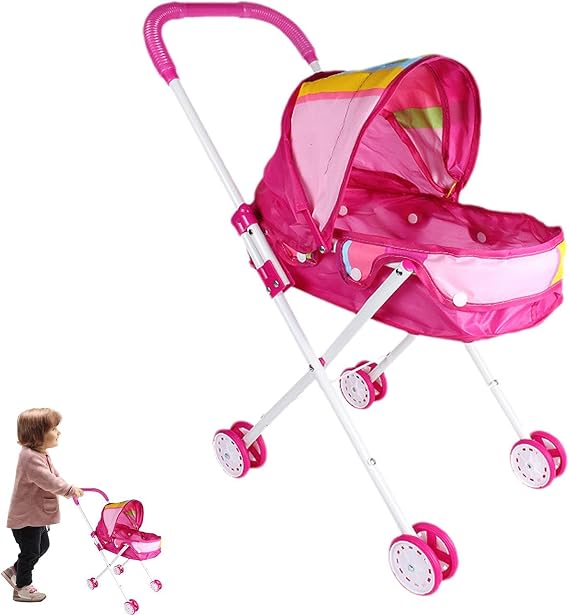 Toy Baby Stroller - Doll Stroller, Vista Print Large Capacity Realistic Doll Toys with Toddler Doll Cart, Soft G - Retractable Key with Top Handle Car Pink Doll Stroller Wooden Doll Stroller Chanopy | ピンク人形ベビーカー 木製人形ベビーカーなャノピー、女の子用幼児人形カートおもちゃ