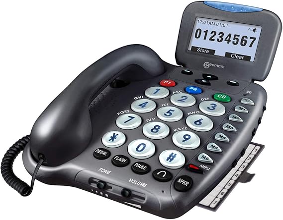 Geemarc Ampli550 - Big Button Landline Telephone - Ultra Loud Corded Phone -Talking Caller ID, Talking Keys - Backlit LCD Display Screen - Hearing Aid Compatible