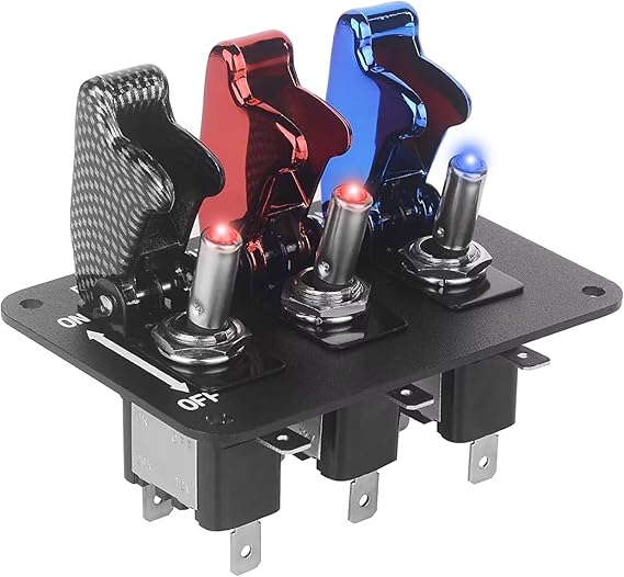 Toggle Switch Panel, Universal Car 12V Racing Ignition Switch 3 Group Toggle Switch Panel Carbon Fiber with LED Indicator Rocker Switch