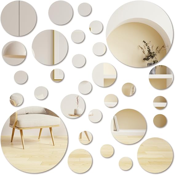 30 Pcs Round Mirror Tiles Self Adhesive, Mirror Wall Decals, Circular Glass Stick On Mirrors, Circle Mirrors for Wall Decor for Bedroom, Bathroom, Living Room, Door, 4 Sizes