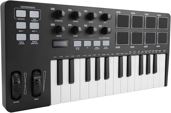 Lazmin112 25 Key USB MIDI Keyboard Controller, Portable Music Production with 8 Drum Pads 8 Knobs Display, for PC FL Studio Cubase Logic Pro