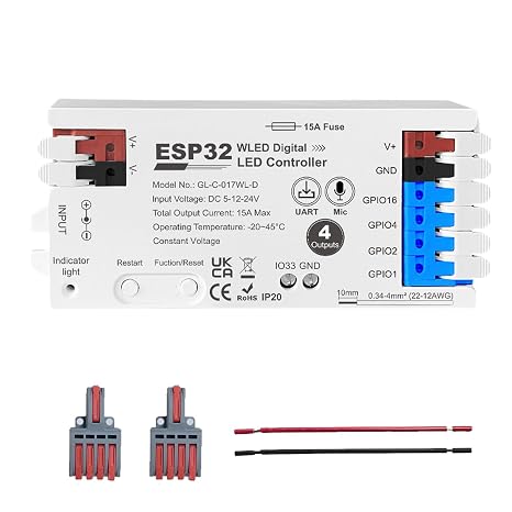 ESP32 WLED Digital LED Controller, 4 Channel 15A Fuse Mic Music Sync Dynamic RGBIC Effects Easy Wiring for WS2811 WS2812 SK6812 TM1814 WS2813 WS2815 UART DIY FCOB Addressable Strip Light(GL-C-017WL-D)