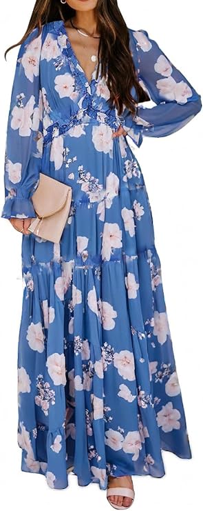 BLENCOT Womens Casual Boho Floral Deep V Neck Long Sleeve Maxi Dress