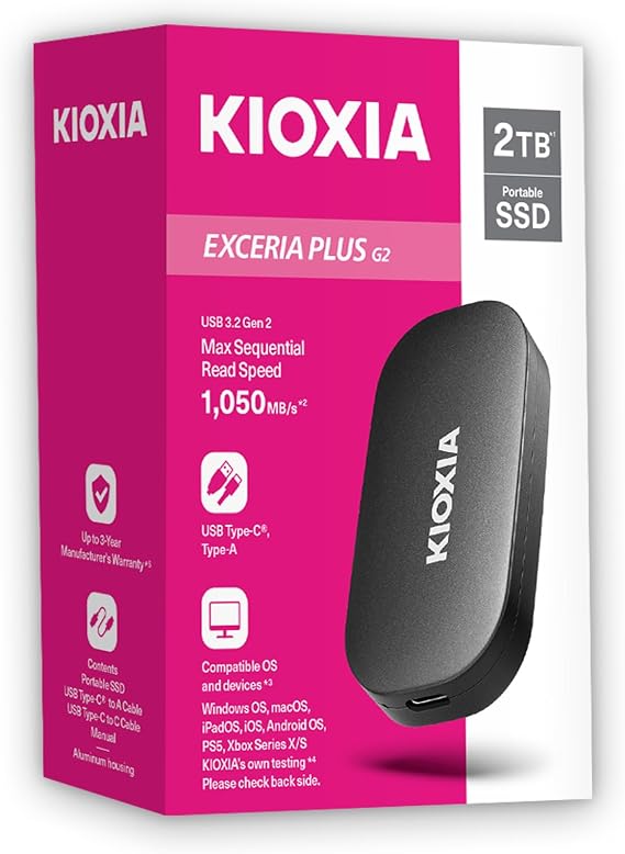 KIOXIA EXCERIA PLUS G2 2TB Portable SSD – USB 3.2 Gen2, 1050MB/s Reading, 1000MB/s Writing