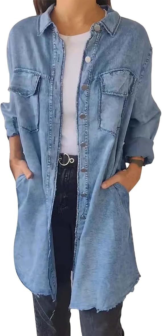 SHAOBGE Winter Coats For Women Women's Ripped Long Denim Jacket Casual Button Down Shirts Jean Jackets Extra