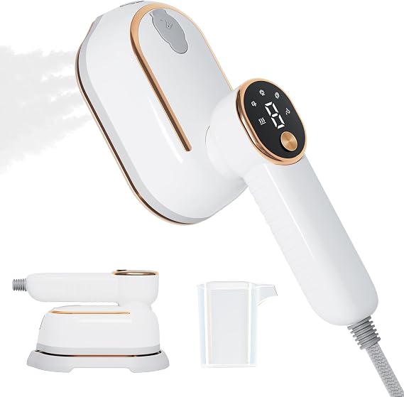 Travel Steamer, 1200W Portable Steamer for Clothes, 10-Second Rapid Heat-Up Plancha a Vapor Para Ropa with LED, 180 Rotating Handle & Ceramic Soleplate for Travel, Home, Office Use(Pearl White)