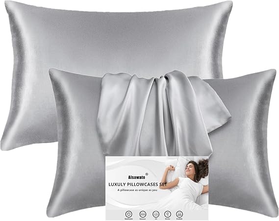 Pack of 2 Satin Cushion Covers for Hair and Skin 100% Silky Luxury Satin Cushion Cover with Envelope Closure Grey Pillowcase Soft and Breathable Cushion Covers 40 x 80 cm