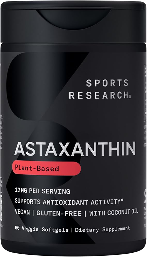 Sports Research Vegan Astaxanthin 12mg w/Organic Coconut Oil, 60 Count | Plant-Based Antioxidant Supplement for Skin & Eye Health Support | Soy-Free, Non-GMO, Gluten-Free